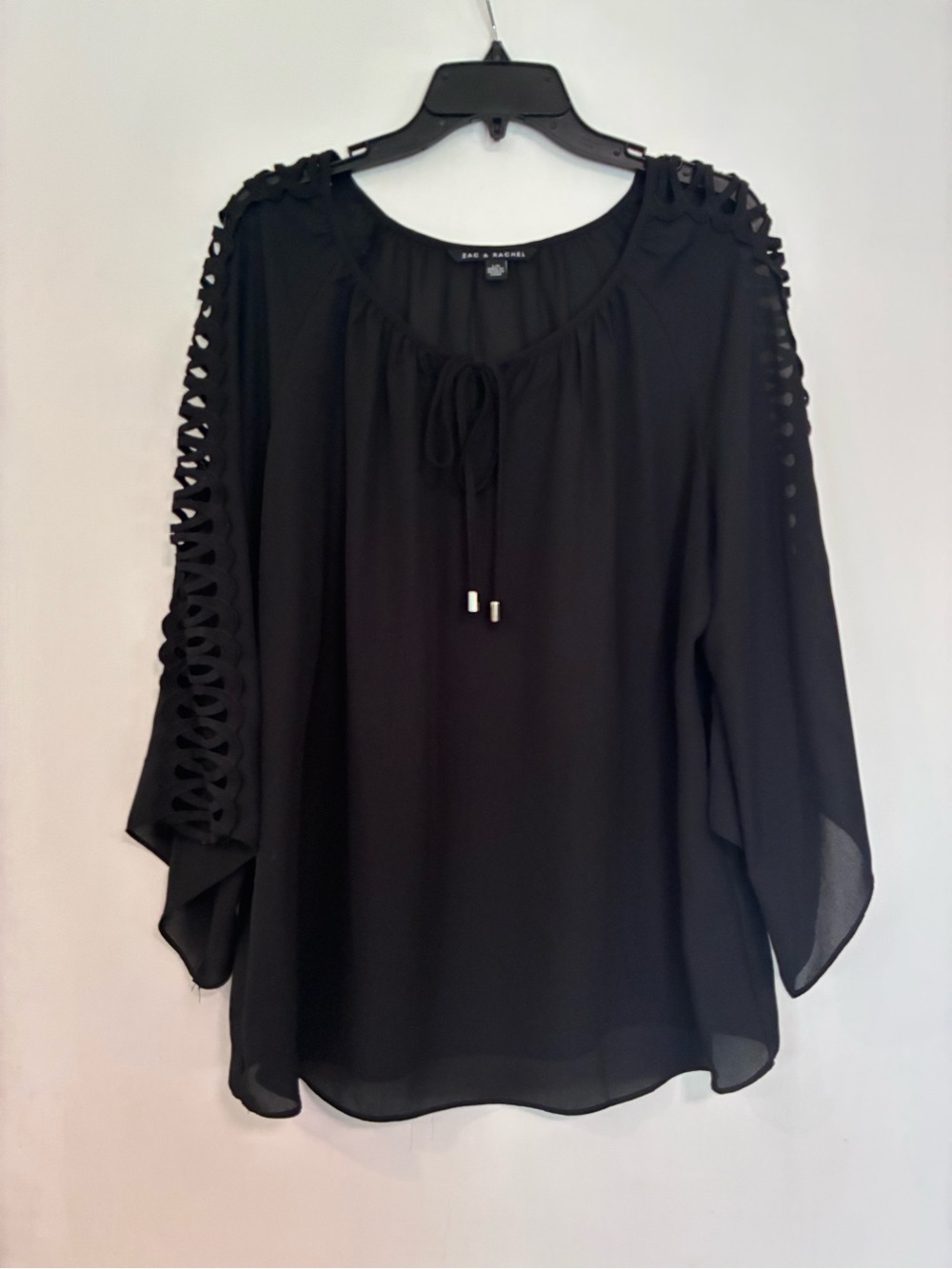 Zac & Rachel Black Lace-Detail Tie-Neck Tunic